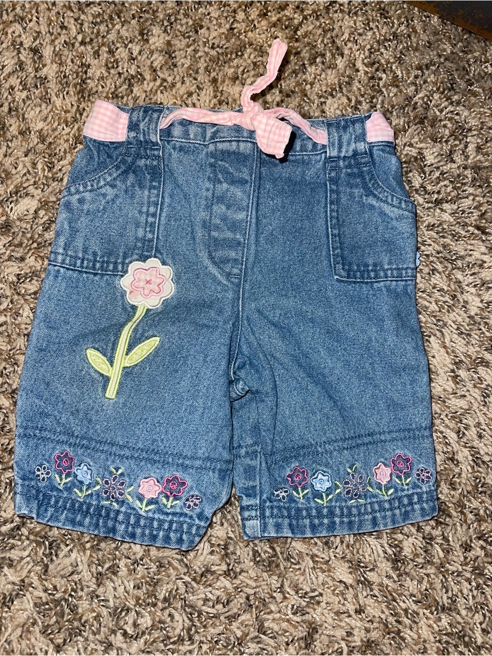 Vintage Girls' Denim Shorts with Pink Floral Trim